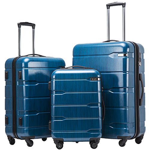 COOLIFE Hartschalen-Koffer Rollkoffer Reisekoffer Vergrößerbares Gepäck (Nur Großer Koffer Erweiterbar) PC Material mit TSA-Schloss und 4 Rollen (Blau, Koffer-Set 3tlg)