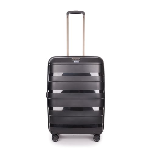 Stratic Straw + Hartschalen-Koffer Trolley Koffer groß Reisekoffer, nachhaltig, 4 Rollen, erweiterbar, TSA-Schloss (Größe M, schwarz)
