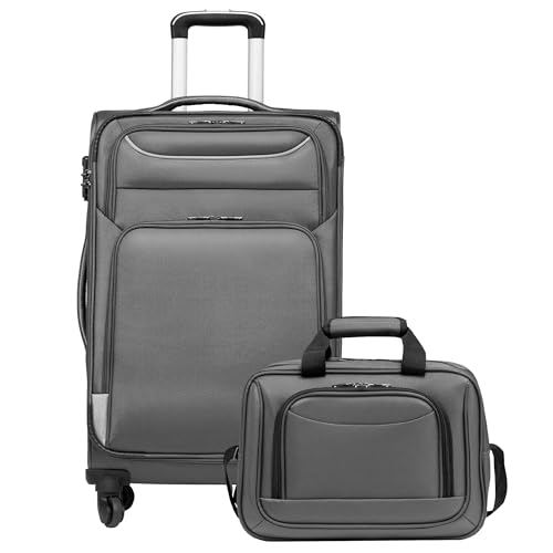 COOLIFE Koffer Trolley Koffer Reisekoffer von 4 Rollen Stoffkoffer Handgepäck TSA-Schloss Der Koffer Enthält 1 Große Umhängetasche (Mittlerer Koffer-Set 2tlg, Grau)