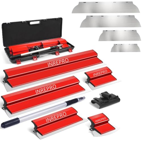 INREPRO Trockenbau Abschäumklingen Set 0.35 mm (25 cm + 40 cm + 60 cm + 80 cm) + 0.5 mm Austauschbarem Flächenspachtel + Gekrümmt Flächenspachtel, Flächenspachtel mit handlichem für Wände & Decken