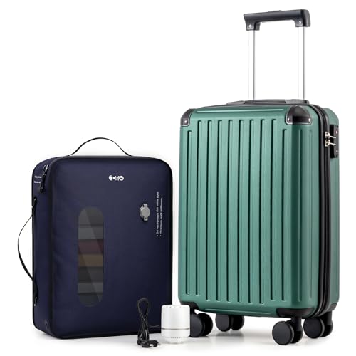 COOLIFE Ryanair Vakuum Handgepäck Koffer 55X35X20cm + Vakuumbeutel für Kleidung +60% mit Pumpe | ABS+PC Hartschalenkoffer mit TSA-Schloss und 4 Zwillingsrollen Für Easyjet, Große Reise